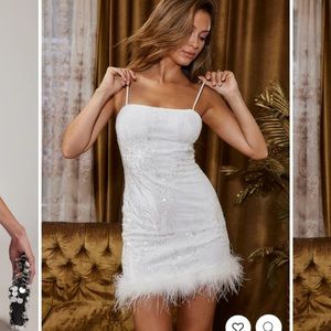 NWT - 12th Tribe Priscilla White Sequin with Feather Trim Dress